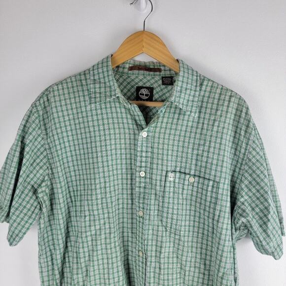 Timberland Short Sleeve Button Up Shirt Green Check Pattern Size L - Picture 2 of 7